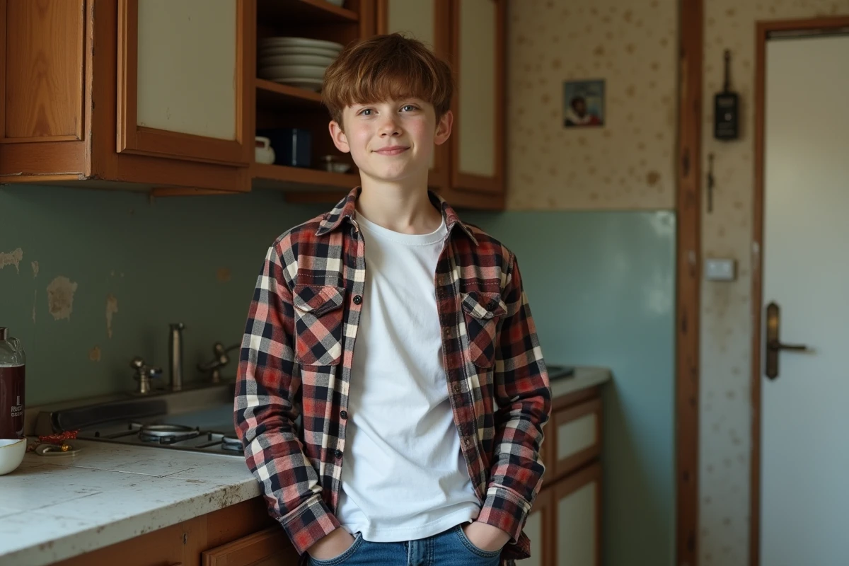 Adolescent dans une cuisine modeste avec smirk