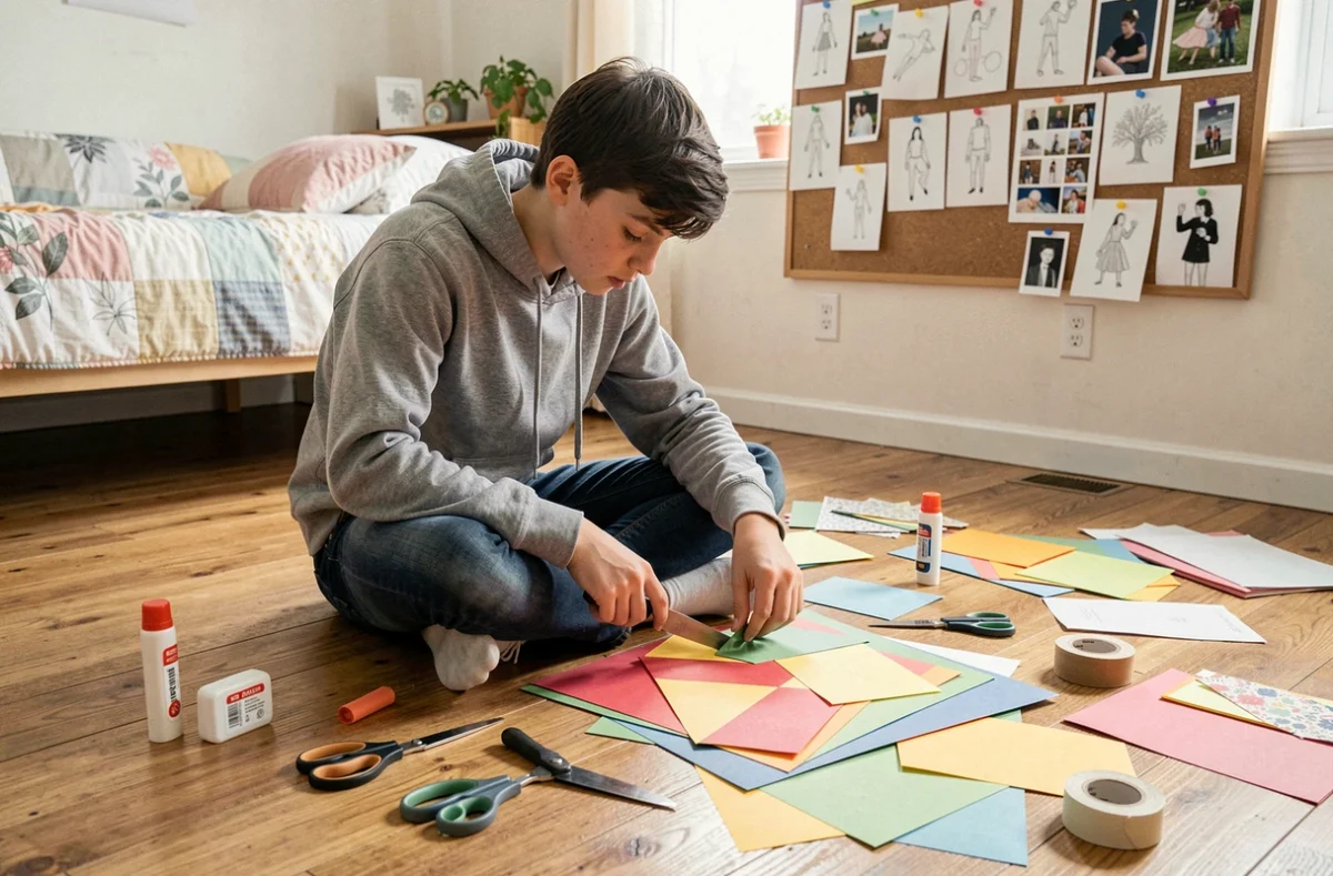 Adolescent pratiquant le scrapbooking sur le sol de sa chambre, entouré de papiers colorés, ciseaux et décorations créatives