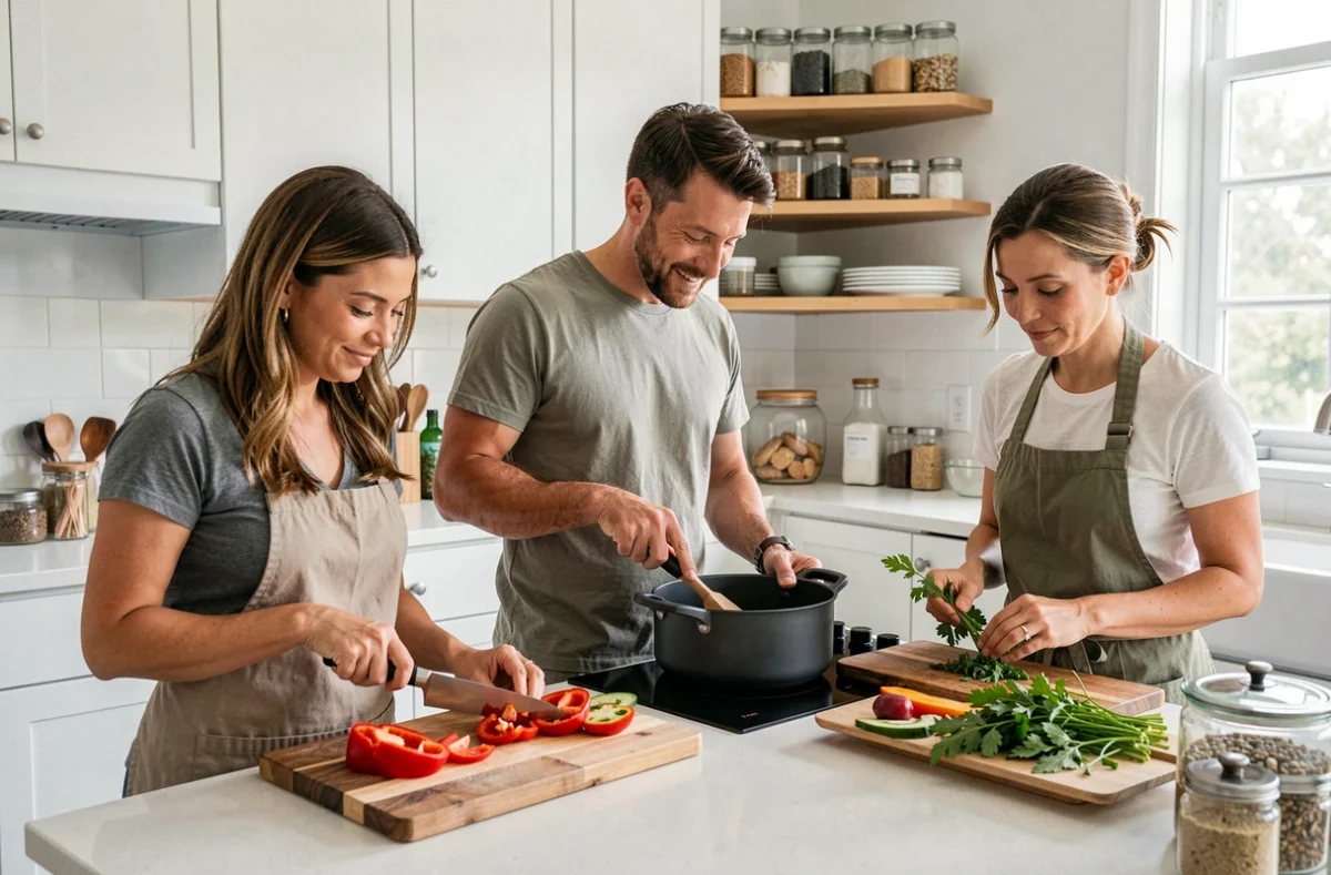 Groupe d'adultes préparant un repas équilibré et sain ensemble en cuisine pour renforcer leur système immunitaire et prévenir les maladies