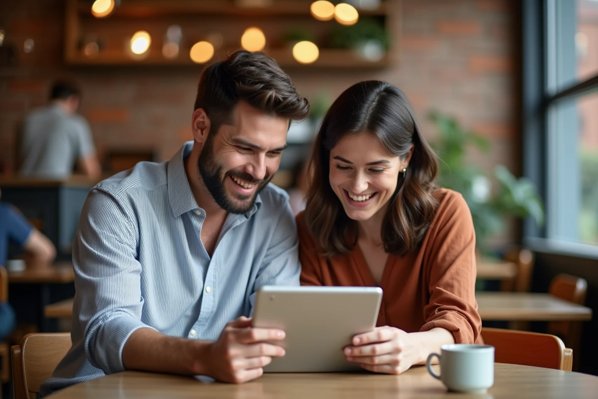 Deux amis parcourant ensemble les actualités et bons plans du site Mister Free Free sur une tablette dans un café