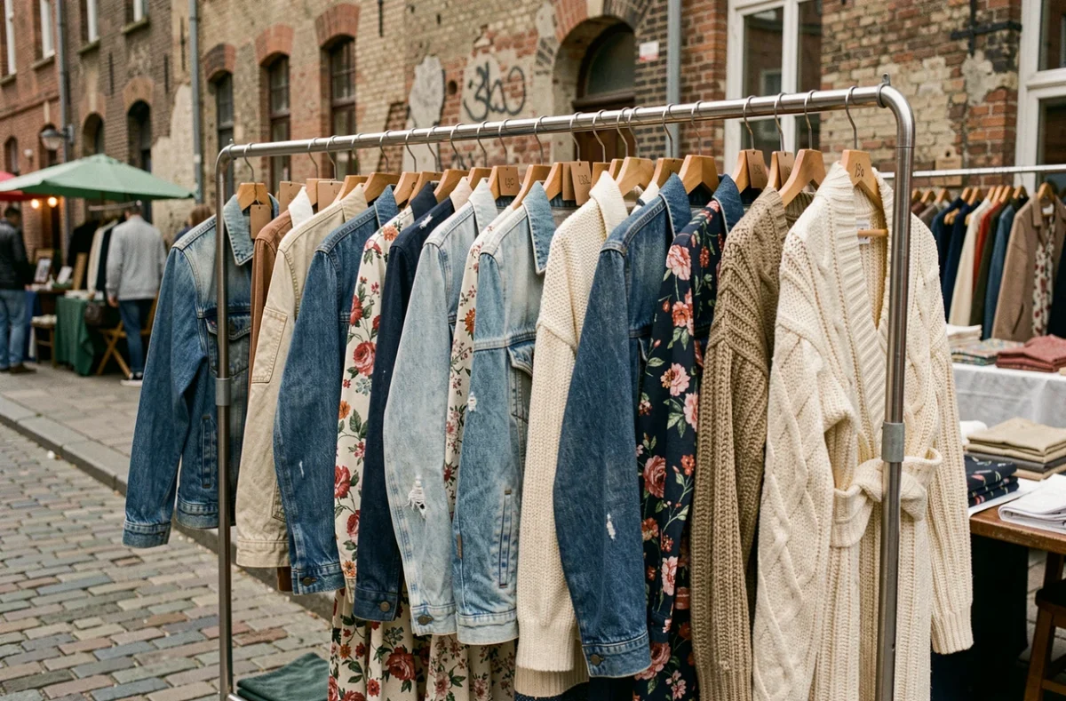 Rack de vêtements vintage et d'occasion exposés dans un marché urbain, représentant les articles les plus tendance revendus sur Vinted en 2024