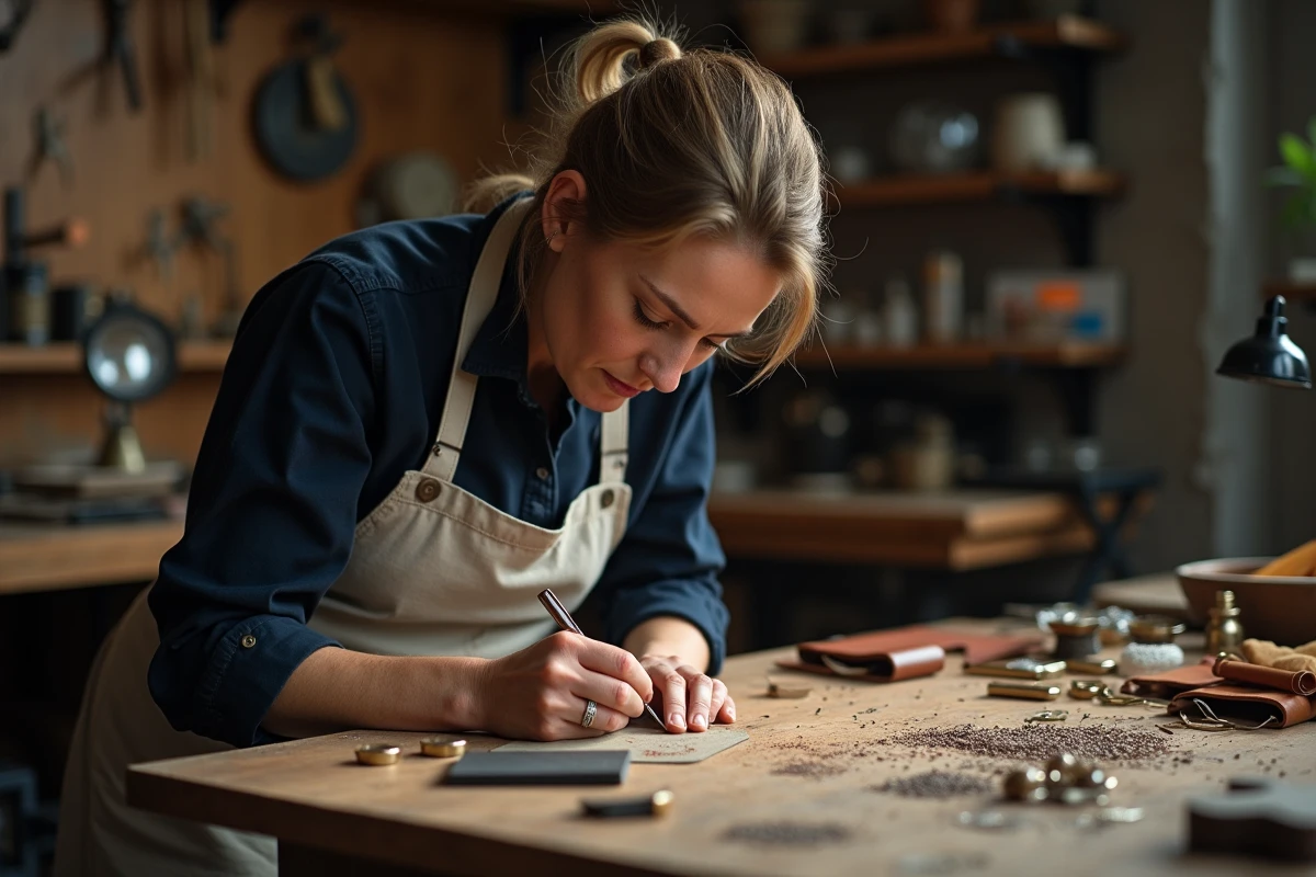 Artisane bijoutière gravant un pendentif en or personnalisé dans son atelier artisanal