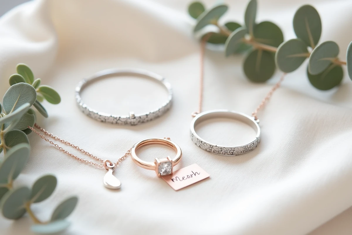 Présentation élégante de bijoux personnalisés gravés sur lin blanc, idées cadeaux uniques