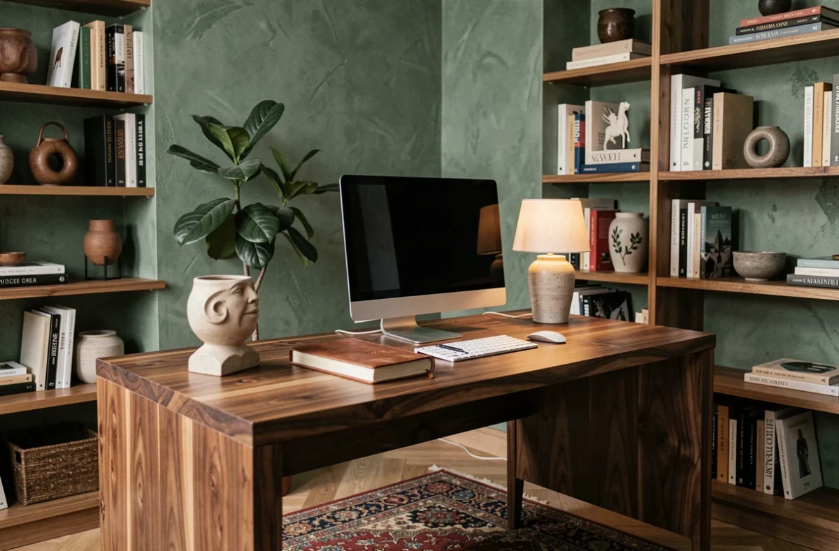 Bureau à domicile aménagé avec bureau en noyer massif, mur en plâtre vert sauge et bibliothèque intégrée dans un appartement résidentiel moderne