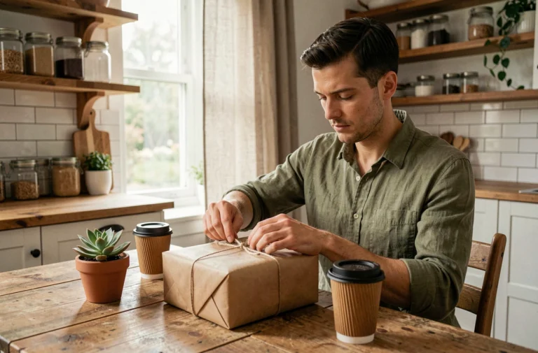 Homme déballant un cadeau éco-responsable emballé dans du papier kraft avec une ficelle naturelle, posé sur une table en bois recyclé dans une cuisine scandinave