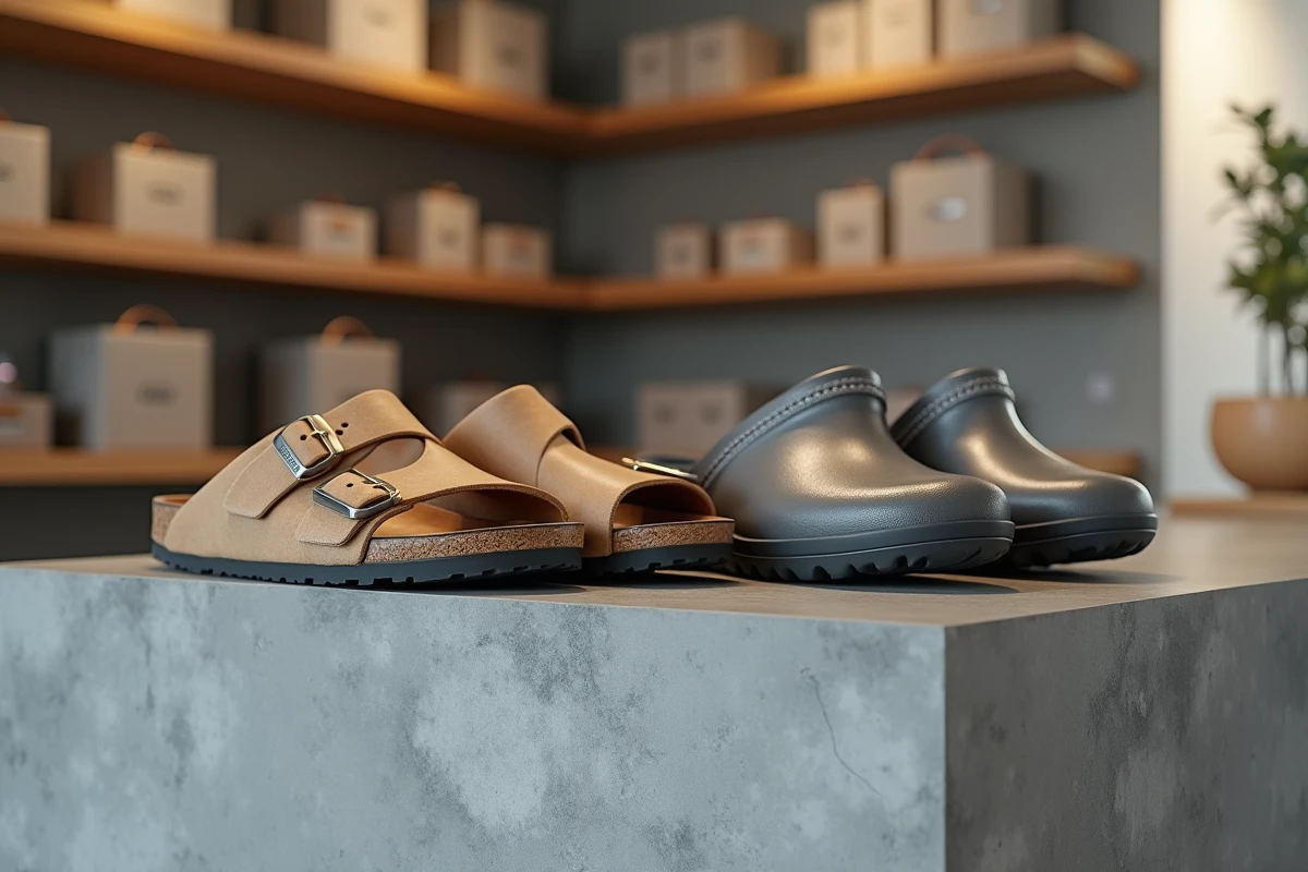 Chaussures confort Birkenstock et Scholl exposées sur une étagère en béton dans une boutique spécialisée en podologie