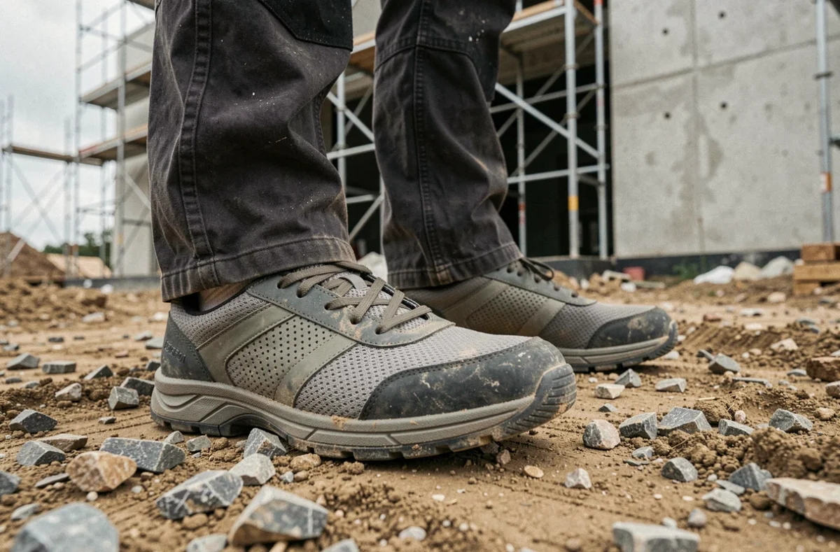 Chaussures de sécurité légères avec semelle antidérapante sur un chantier de construction extérieur