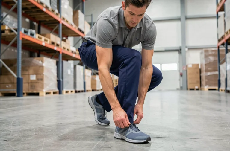 Homme portant des chaussures de sécurité légères en mesh dans un entrepôt industriel moderne