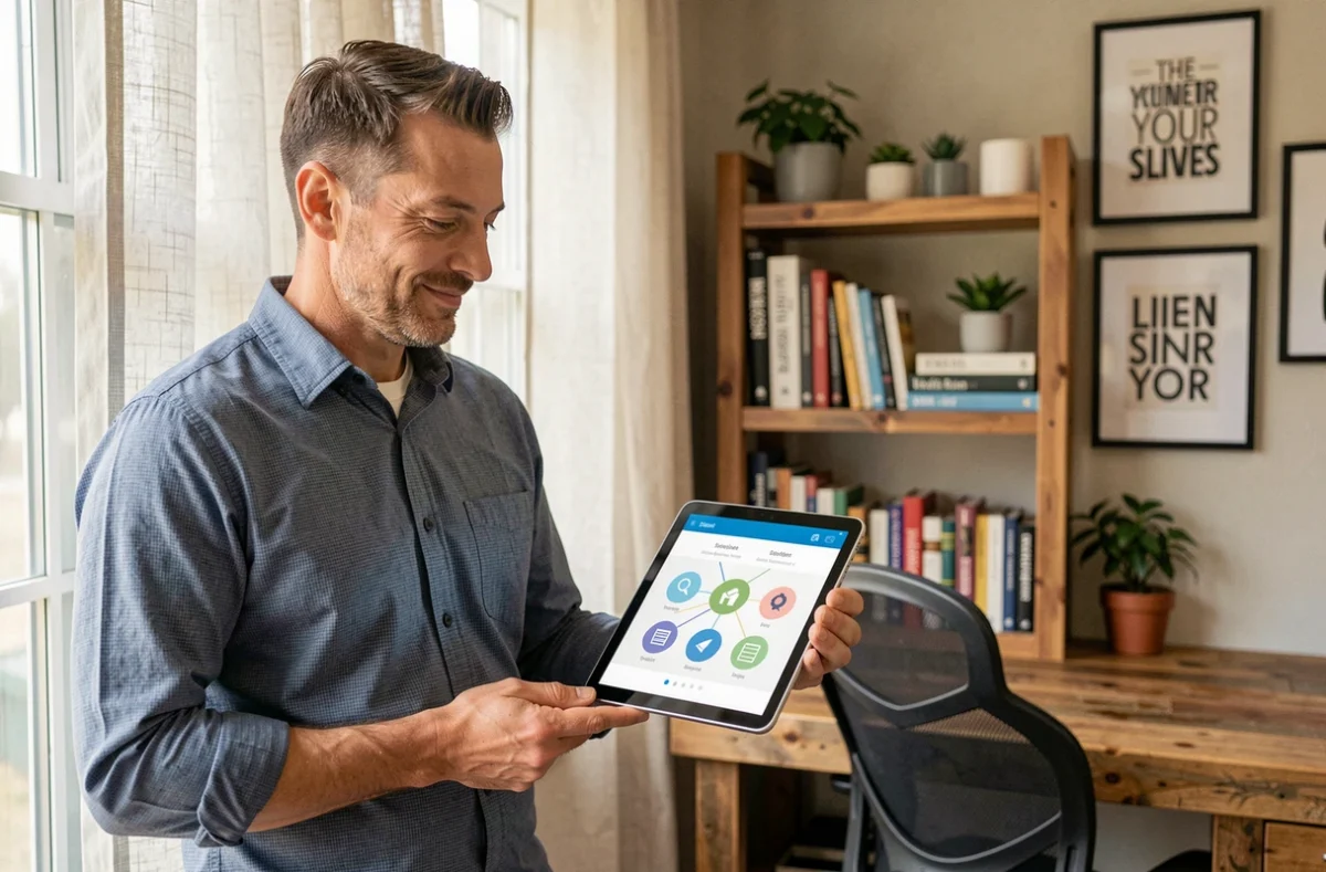 Chef d'entreprise consultant une application de gestion numérique sur tablette dans un bureau à domicile pour optimiser sa productivité