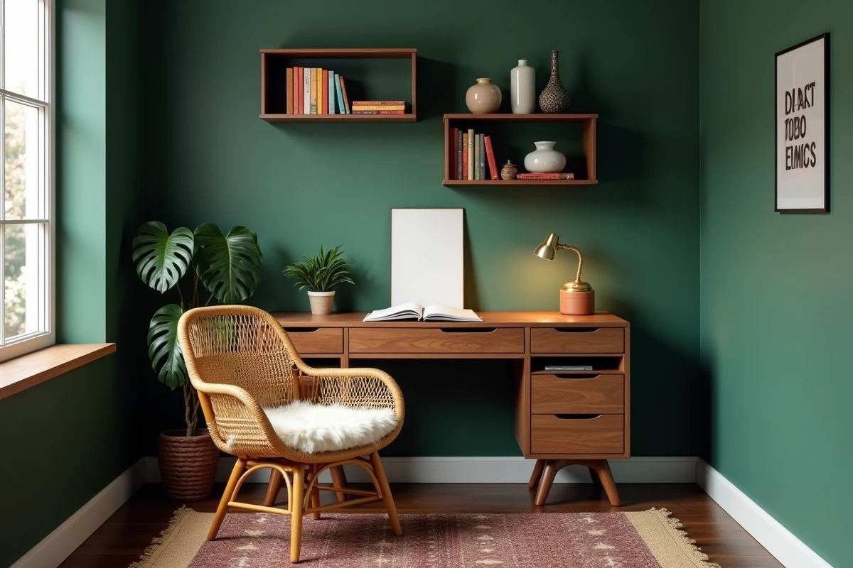Coin bureau à domicile réaménagé avec chaise en rotin vintage, bureau en noyer massif, mur vert forêt et étagères décoratives pour un intérieur original et fonctionnel