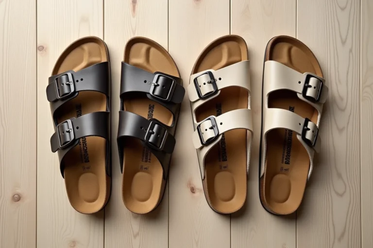Comparatif côte à côte d'une sandale Birkenstock Arizona et d'un sabot Scholl posés sur un parquet en chêne blanc