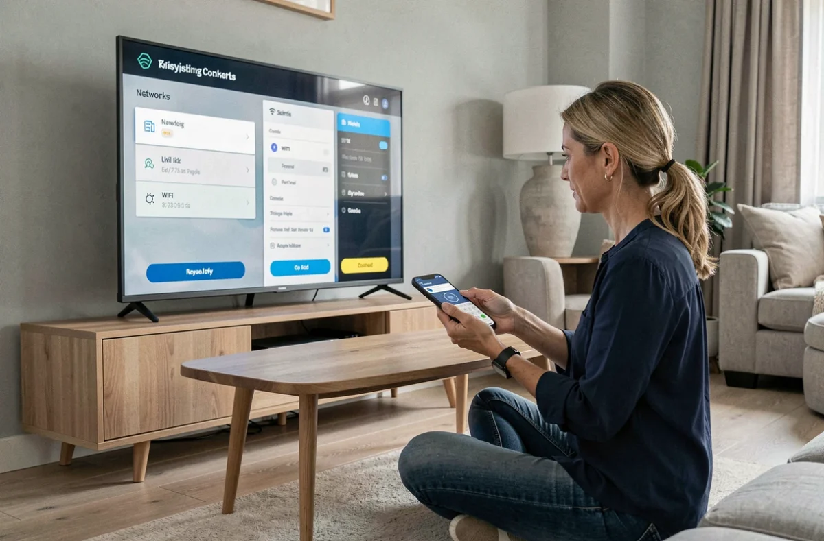 Femme configurant la connexion WiFi d'un téléviseur connecté pour l'accès à l'IPTV via smartphone