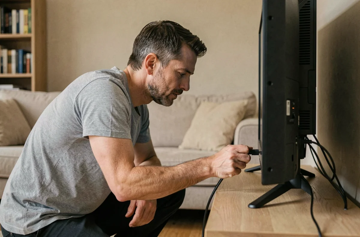 Homme branchant un câble ethernet à l'arrière d'un téléviseur moderne pour configurer l'IPTV