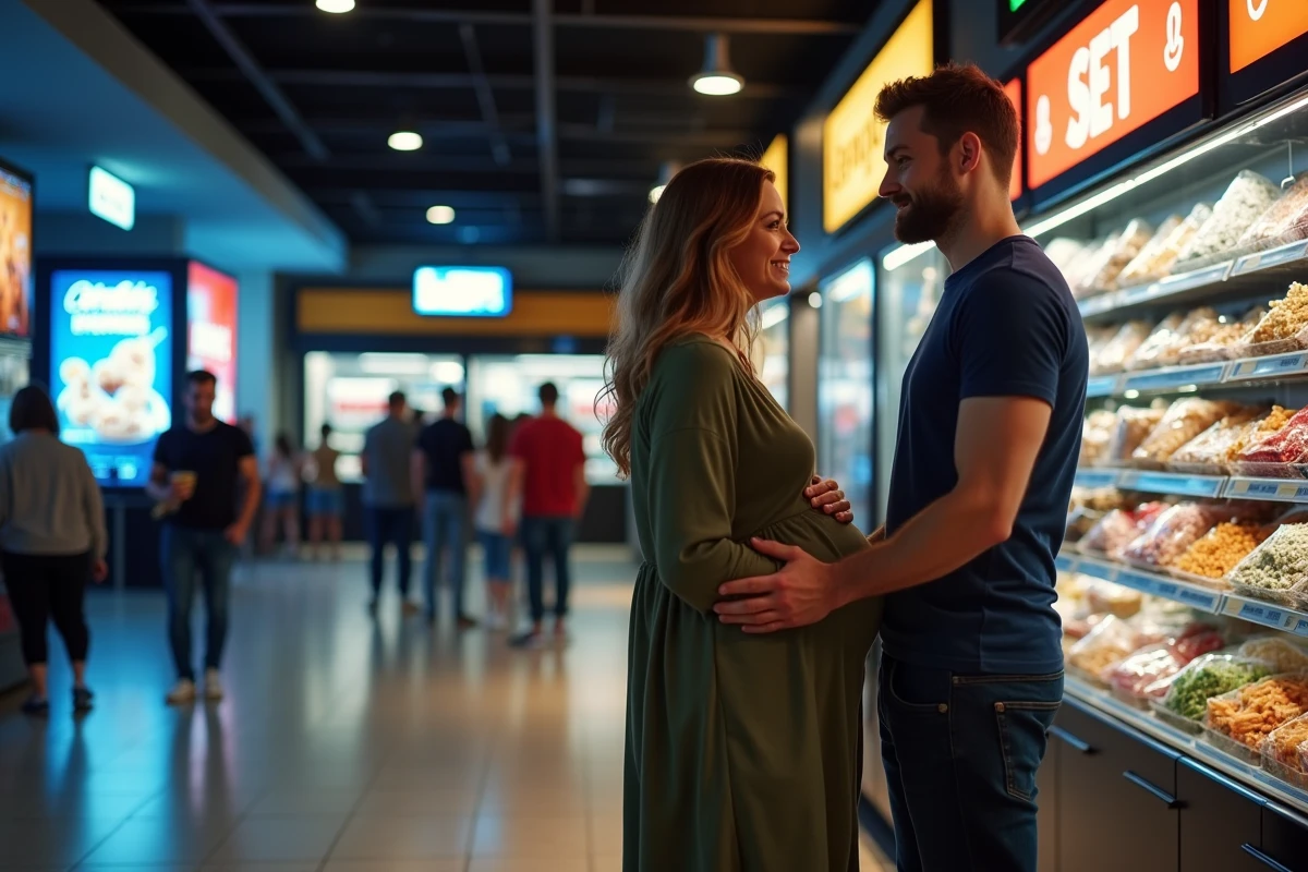 Couple dont la femme est enceinte choisissant des snacks au comptoir de confiserie d'un cinéma moderne