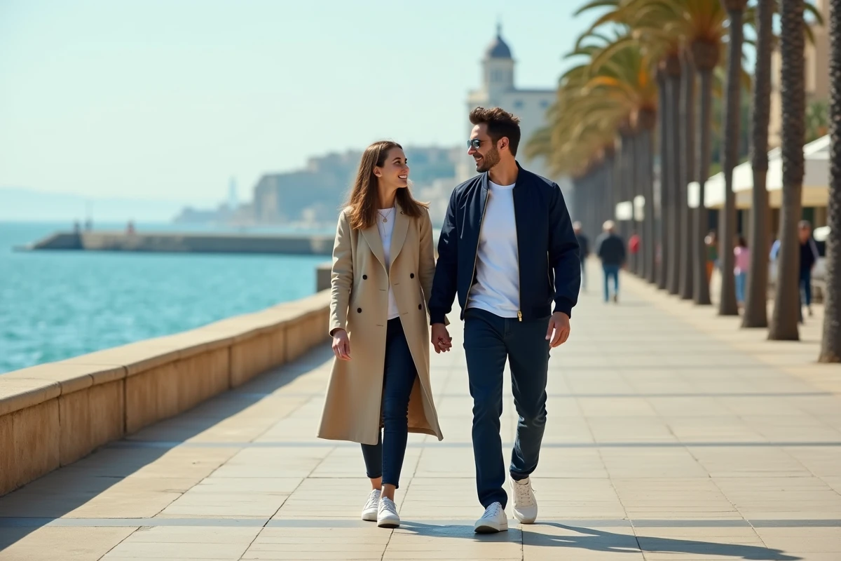 Couple main dans la main sur une promenade en bord de mer, atmosphère romantique et décontractée évoquant une relation complice