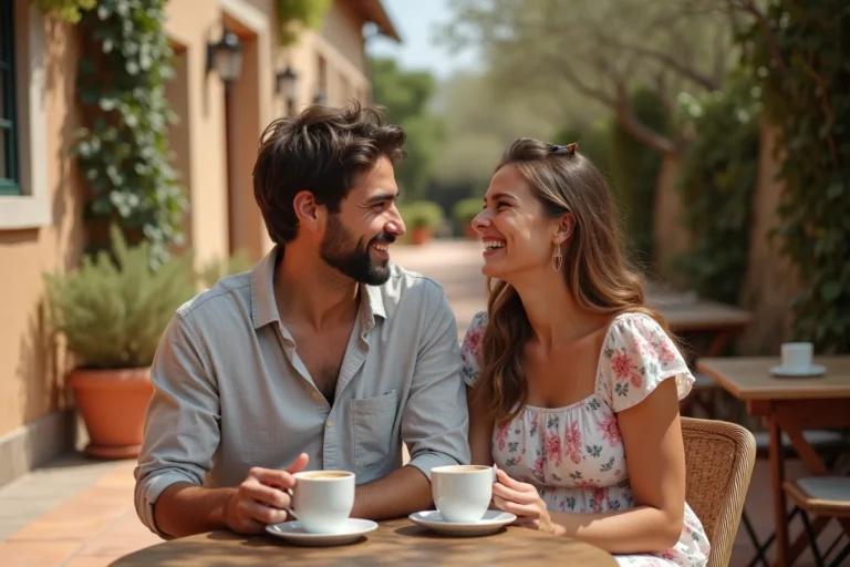 Couple complice partageant un café en terrasse méditerranéenne, évoquant une histoire d'amour authentique et décontractée