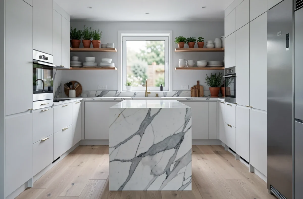 Cuisine contemporaine de style scandinave avec îlot en marbre de Carrare, cabinetry blanc mat et détails en laiton brossé