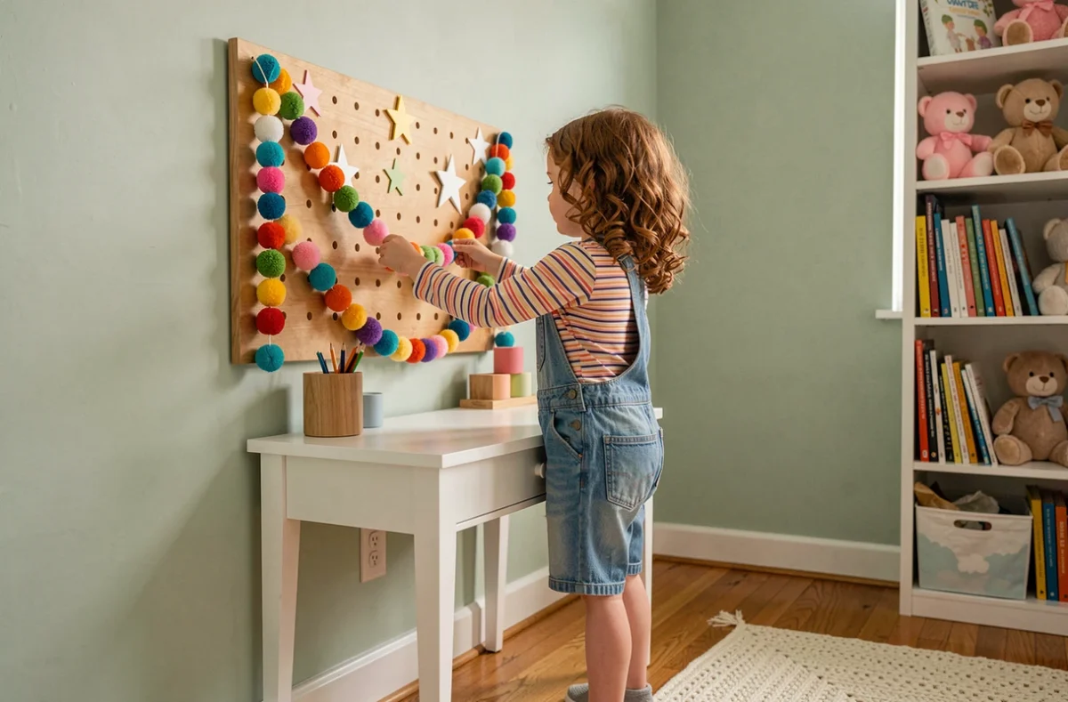 Petite fille décorant sa chambre avec des guirlandes colorées et des étoiles en papier sur un tableau en bois
