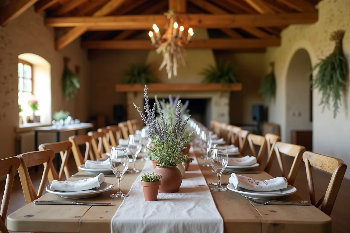 Table de réception de mariage rustique décorée de vaisselle vintage, lavande séchée et cartes de table manuscrites dans une grange rénovée
