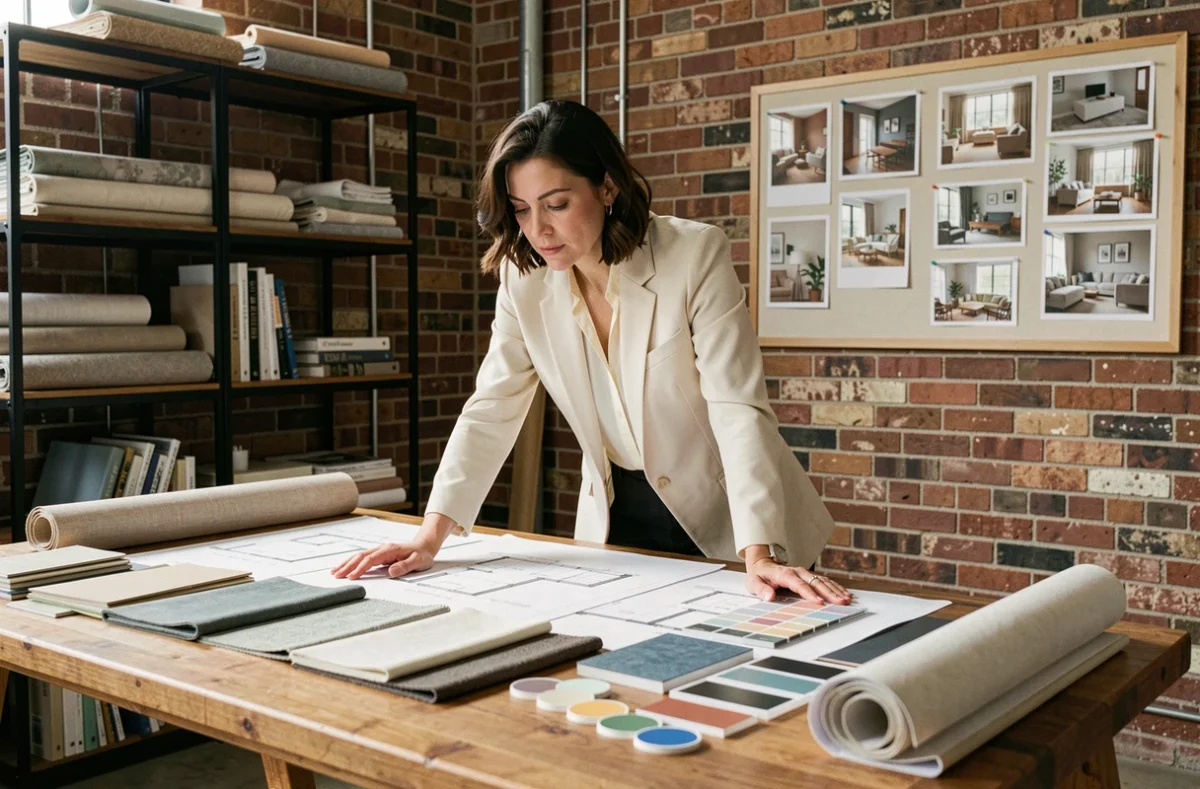 Designer d'intérieur professionnelle travaillant sur des plans et échantillons de matériaux dans un studio de design industriel moderne