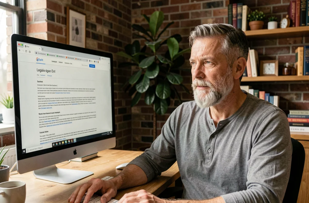 Entrepreneur consultant vérifiant les mentions légales de son site web depuis son bureau à domicile