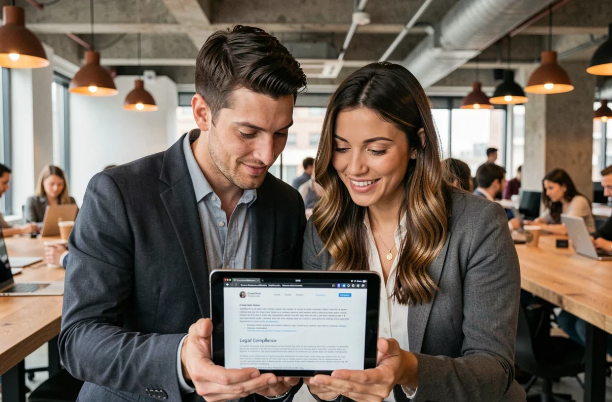 Deux professionnels analysant ensemble les mentions légales d'un site internet dans un espace de coworking