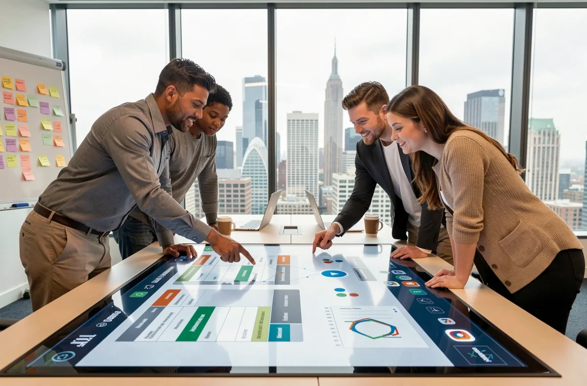 Équipe diverse collaborant sur des outils numériques autour d'une table tactile pour améliorer la productivité en entreprise