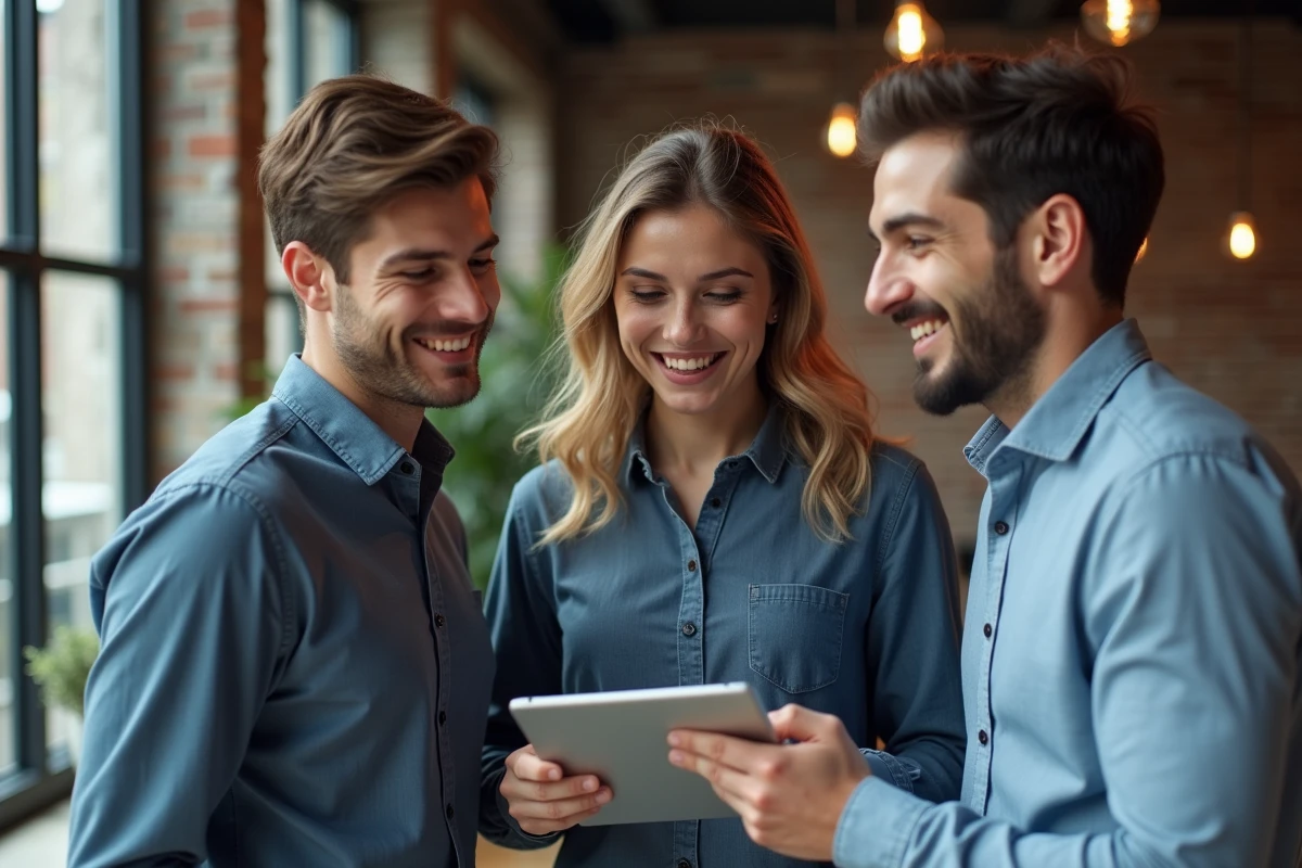 Équipe de jeunes professionnels français discutant des résultats de la plateforme Nation AI dans un espace de coworking