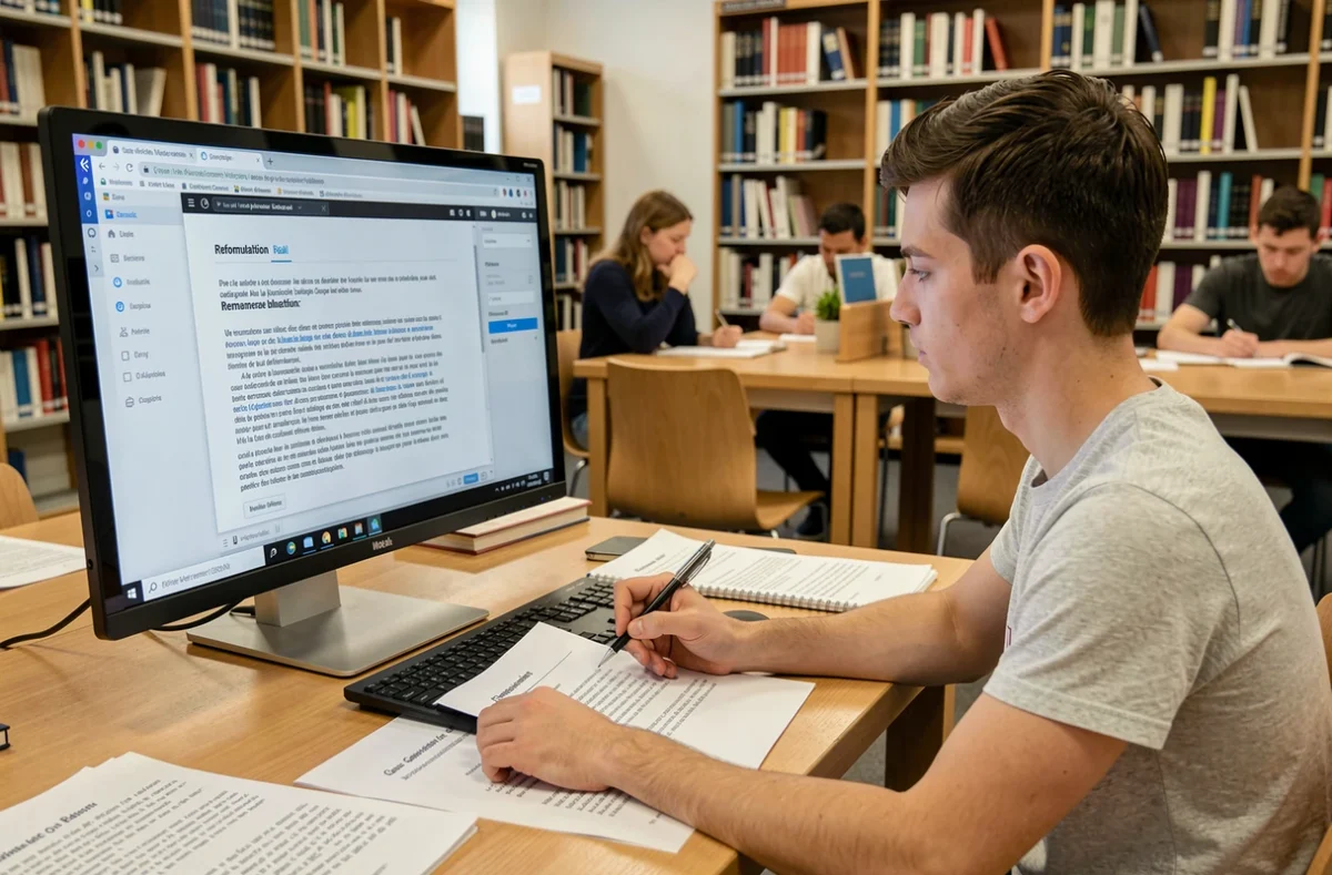 Étudiant en bibliothèque comparant un texte original et sa version reformulée sur un écran d'ordinateur