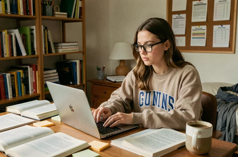 Étudiante utilisant un reformulateur en ligne sur son ordinateur portable pour améliorer ses travaux universitaires