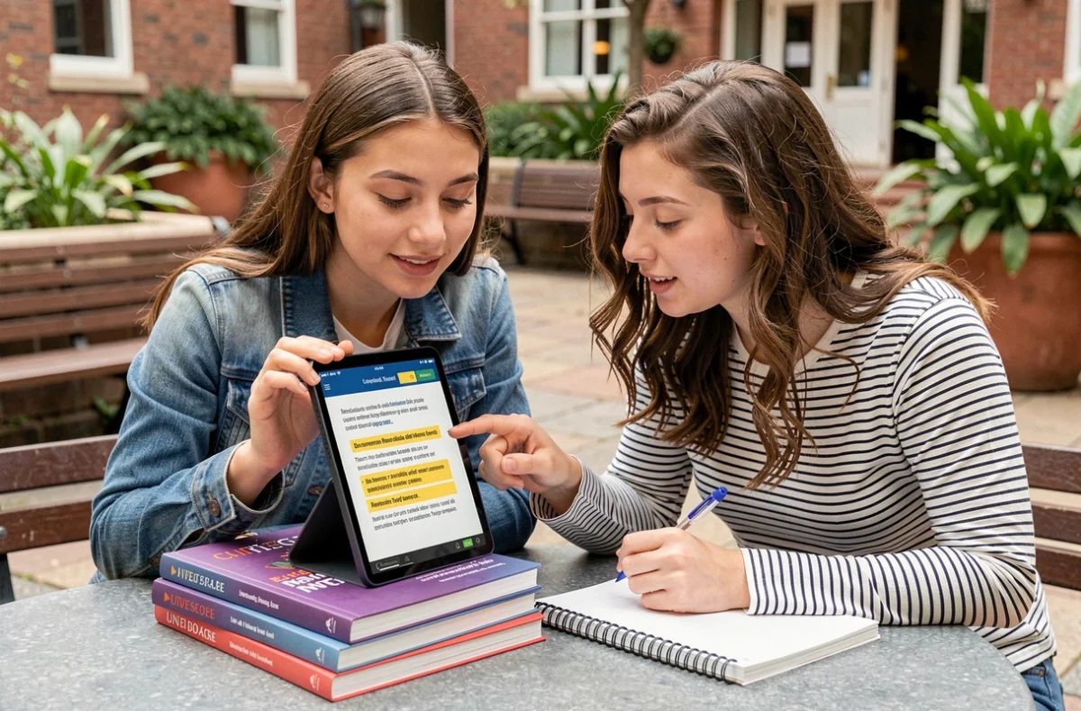 Deux étudiantes collaborant sur un reformulateur de texte en ligne pour optimiser un devoir universitaire en extérieur