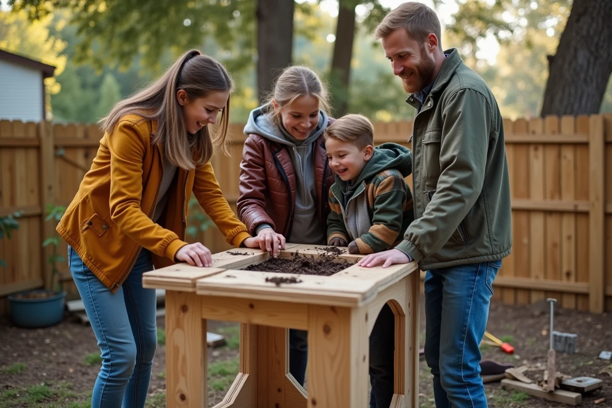 Famille construisant une cabane dans leur jardin en plein air