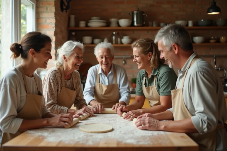 Famille multigénérationnelle qui prépare une recette ensemble dans une cuisine rustique chaleureuse, renforçant les liens familiaux au quotidien