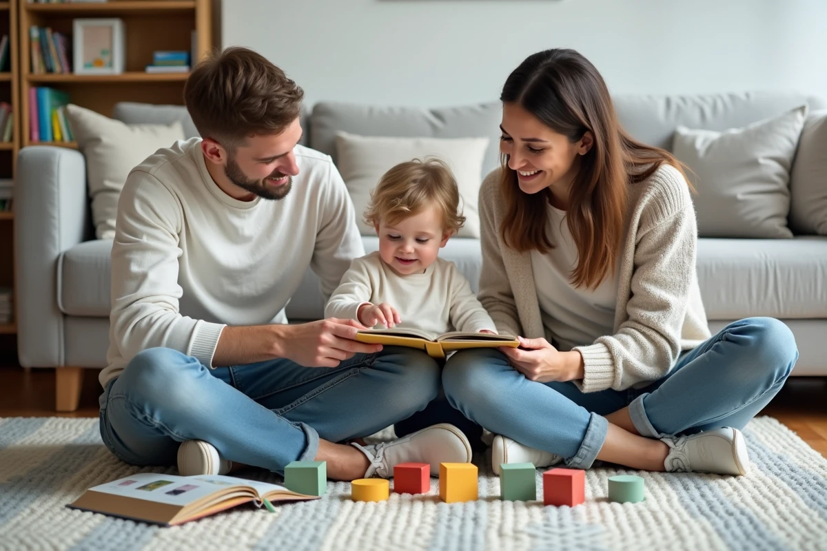 Jeune famille avec un enfant en bas âge lisant un livre illustré ensemble sur le sol d'un salon scandinave, moment de partage et de liens familiaux