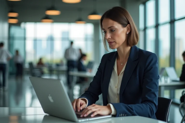 Femme d'affaires professionnelle analysant des graphiques financiers sur un ordinateur portable dans un bureau moderne avec vue sur la ville