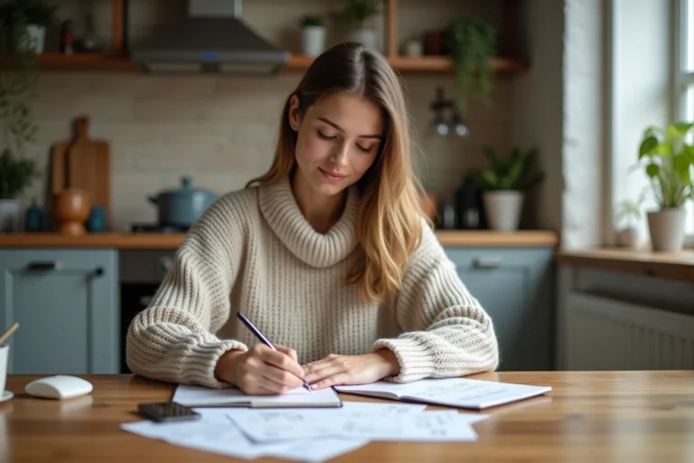 Femme en intérieur vérifiant ses factures et notes