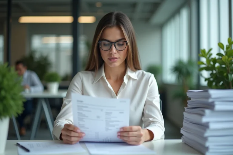 Femme d'affaires examine sa fiche de paie au bureau