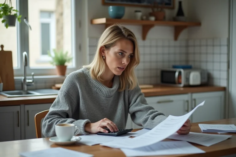 Femme consultant des documents d'indemnisation chômage avec une calculatrice sur une table de cuisine
