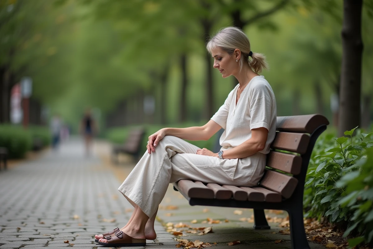 Femme assisant sur un banc de parc comparant une sandale Birkenstock et un sabot Scholl à ses pieds
