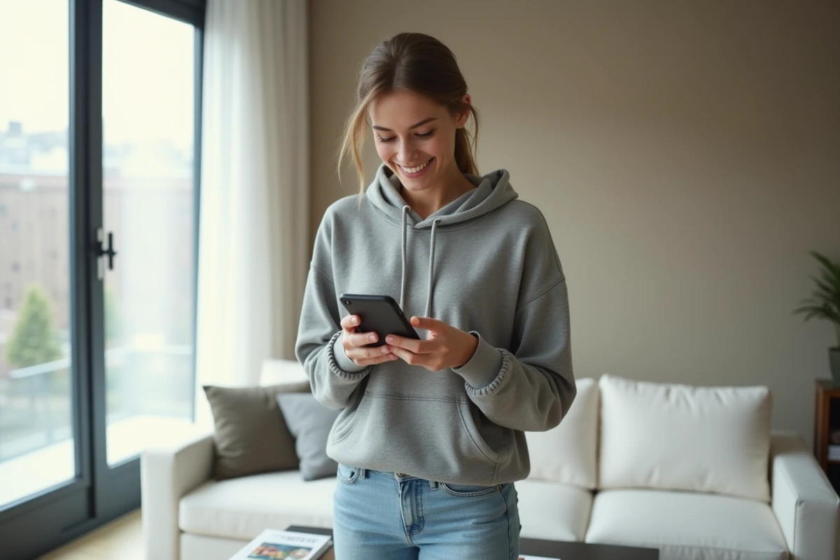 Femme découvrant les nouveautés et offres gratuites sur Mister Free Free depuis son smartphone dans son salon