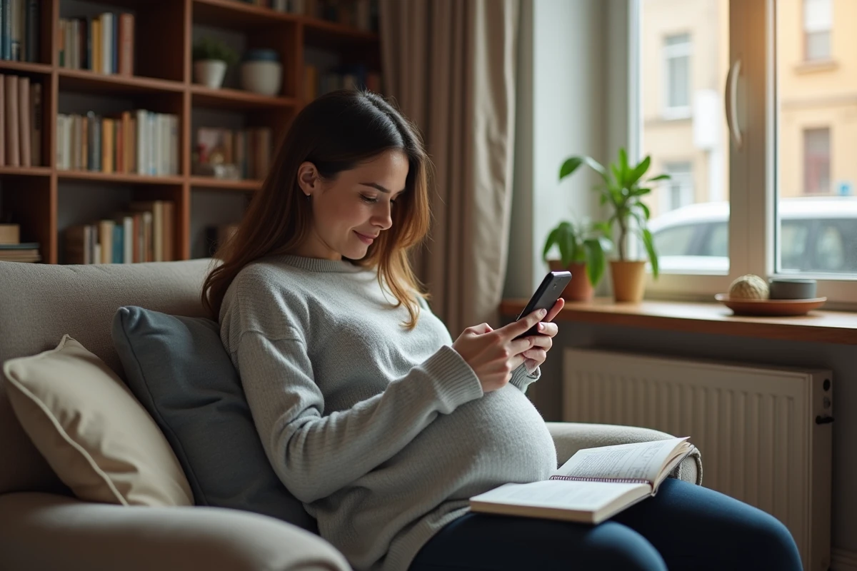 Femme enceinte assise dans un fauteuil chez elle en train de consulter son téléphone pour choisir un film au cinéma