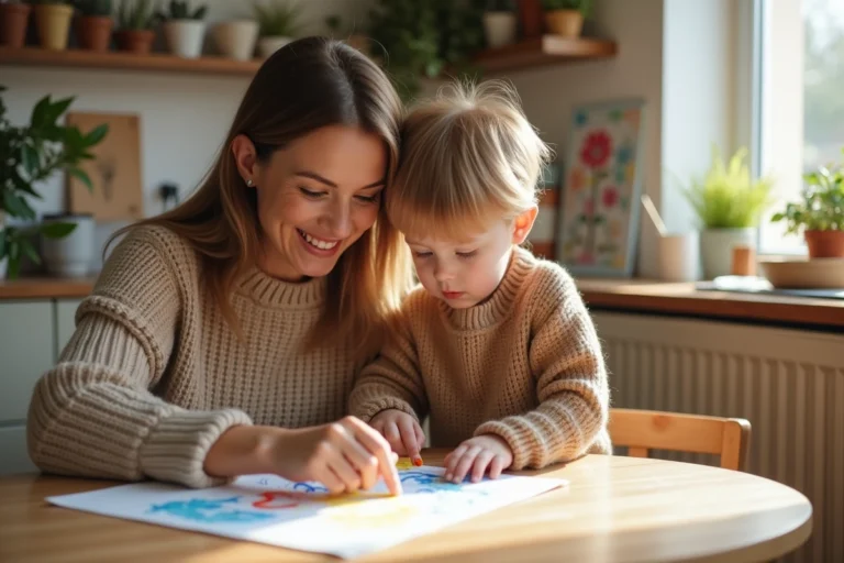 Femme souriante avec son enfant regardant un dessin dans la cuisine