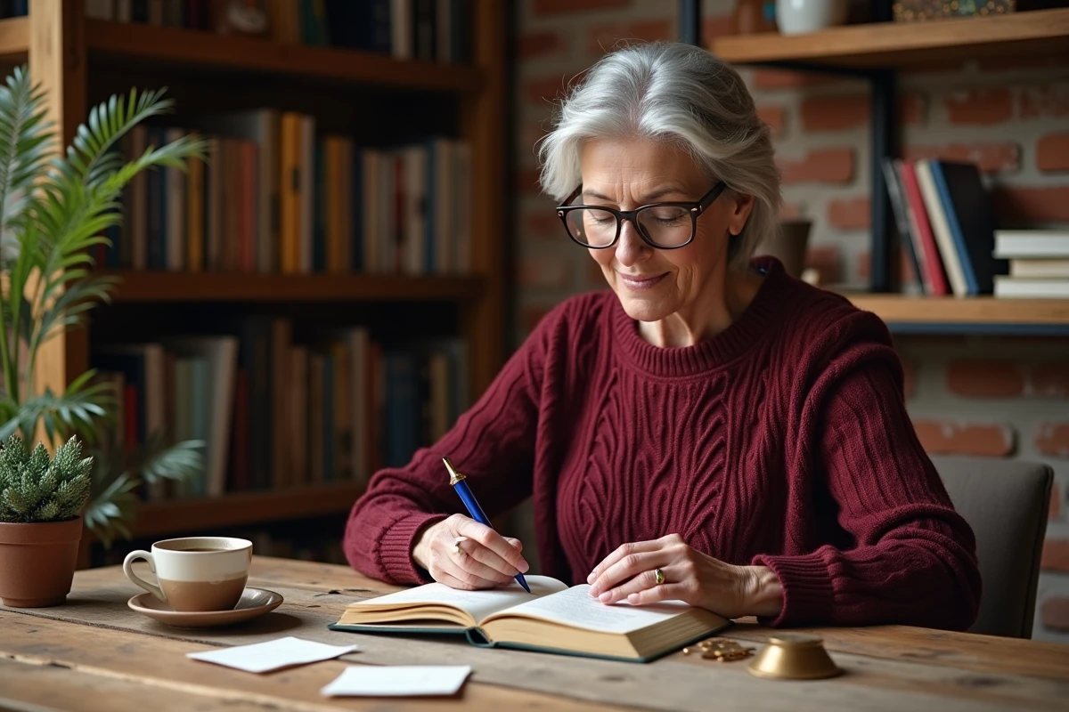Femme étudiant un livre sur les fréquences vibratoires et l'échelle de Bovis à son bureau en bois avec un pendule en laiton