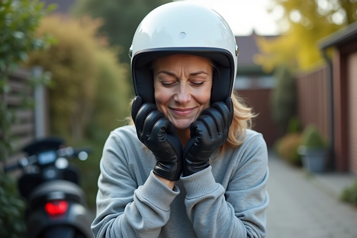 Femme vérifiant le confort de son casque moto en extérieur