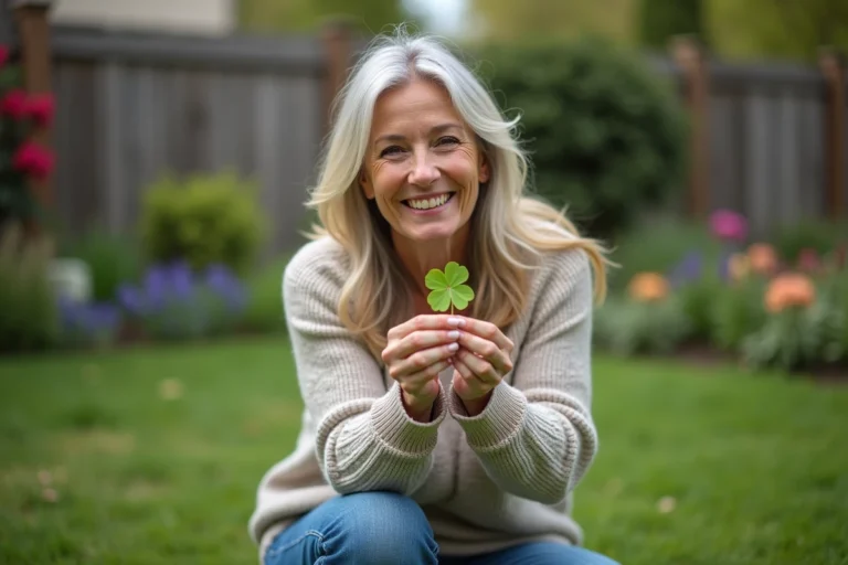 Femme souriante dans son jardin avec un trèfle à cinq feuilles