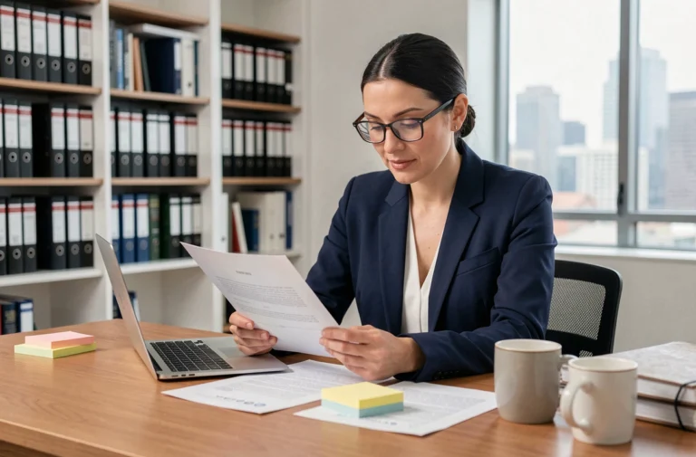 Femme juriste relisant les mentions légales d'un site internet dans un bureau professionnel