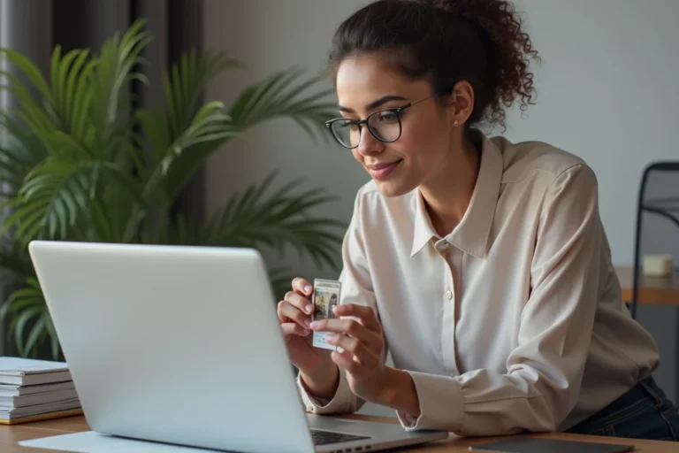 Jeune femme marocaine au bureau avec sa carte d'identite