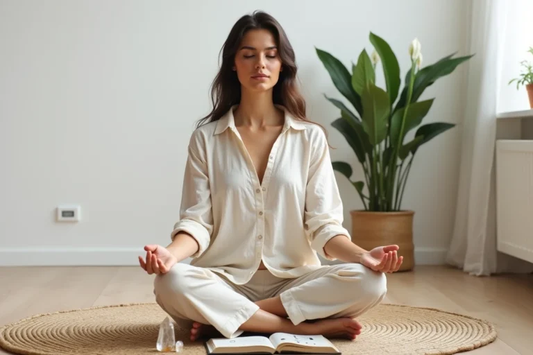 Femme en méditation avec un pendule de cristal et un journal ouvert sur l'échelle de Bovis, dans un intérieur minimaliste en bois