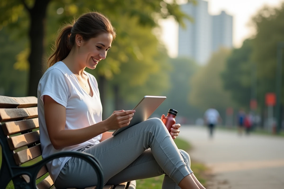 Femme dans un parc regardant un match de football sur sa tablette