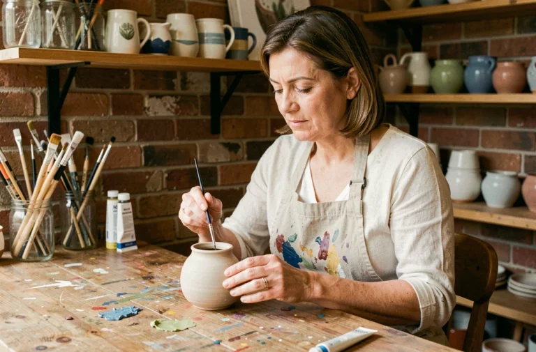 Femme adulte peignant un vase en céramique dans un atelier de loisir créatif fait maison, ambiance chaleureuse et artisanale